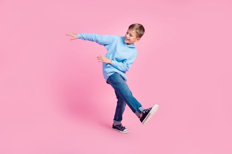 Full size photo of cheerful carefree boy have good mood dancing chilling isolated on pink color background