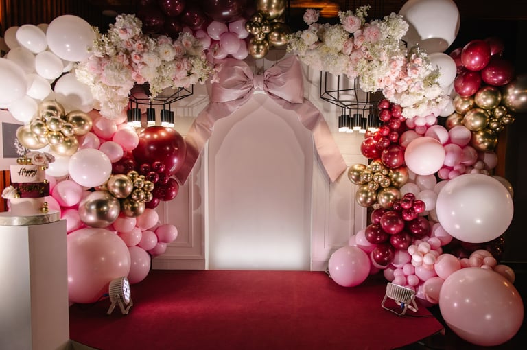 Birthday party decorations with cake and balloons celebration