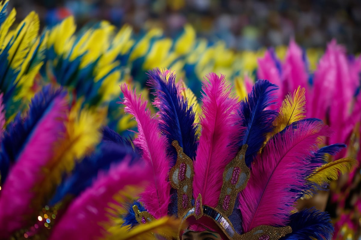 Vibrant carnival feathered headpieces in pink, blue, and yellow create a colorful festival atmosphere.
