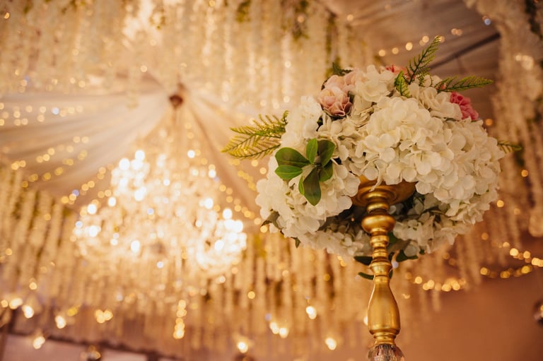 decoration in an event hall with warm lighting