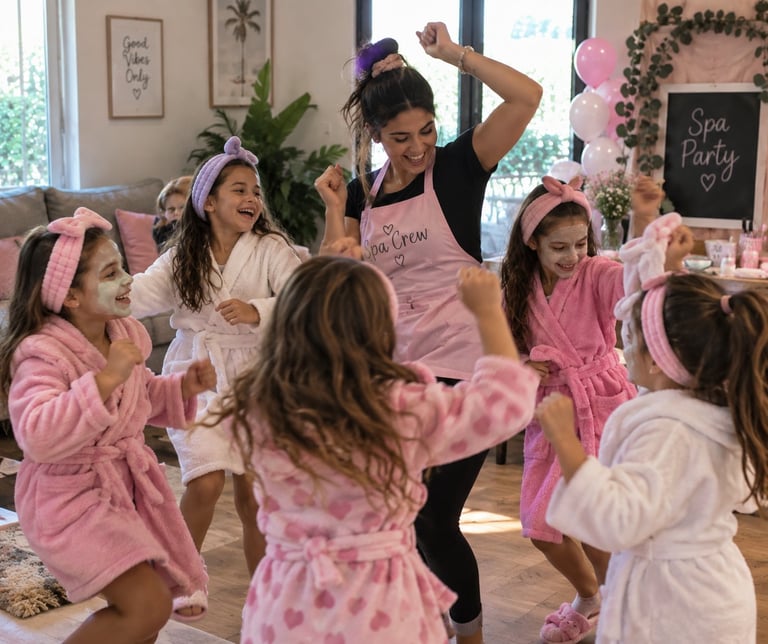 Group of children and adults in pink spa robes and headbands dancing together at an indoor spa party celebration