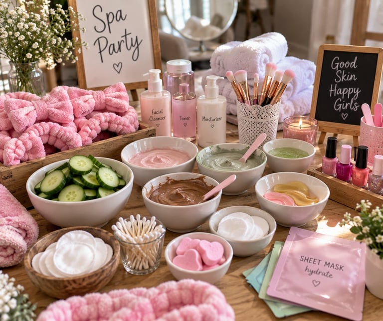 Spa party setup with skincare products, face masks, cucumber slices, makeup brushes, pink towels, and decorative signs on a wooden table