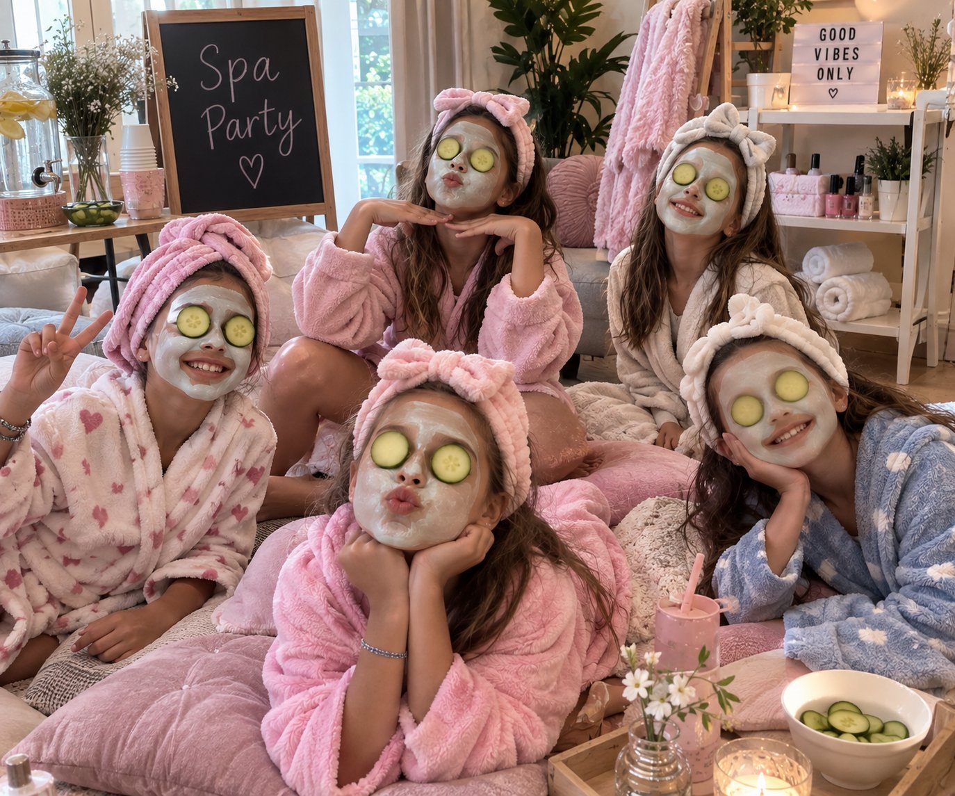 Group of children at spa party wearing face masks with cucumber slices and pink towels in decorated bedroom