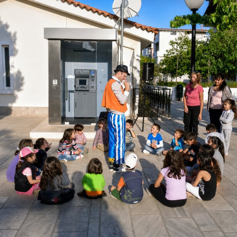 Street performer in orange shirt entertaining children sitting in a circle on sunny patio near ATM