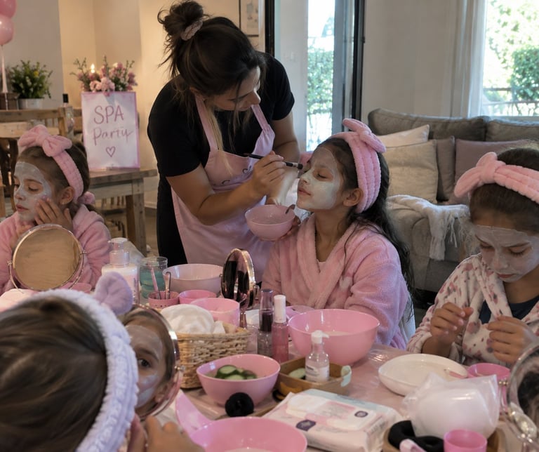 Adult applying facial mask to child at home spa party with pink headbands and beauty products on table