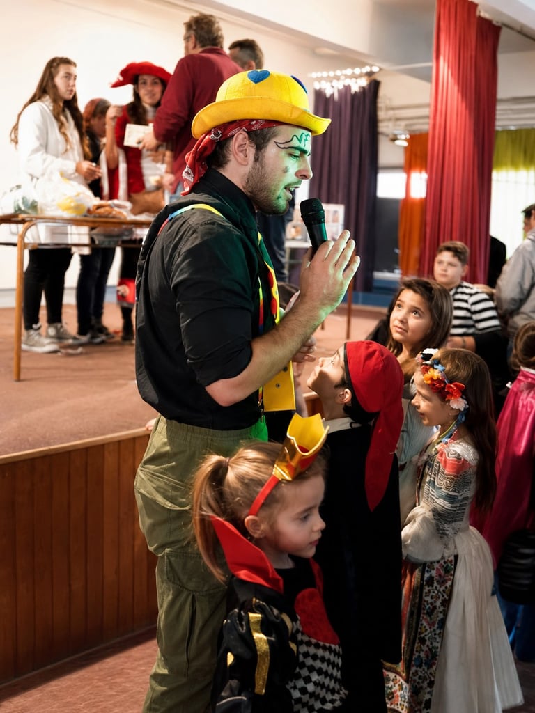 Man in yellow hard hat and black shirt speaking into microphone to group of children at indoor event or party
