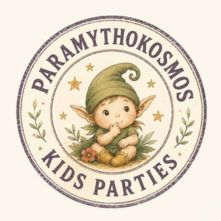 Logo for Paramythokosmos Kids Parties featuring a cute elf with pointed ears wearing a green hat, surrounded by stars and foliage